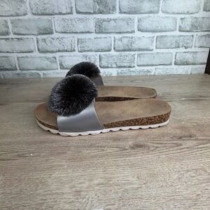Amanda Blu‎  Metallic Silver Pom Pom Slide Sandals Size 41